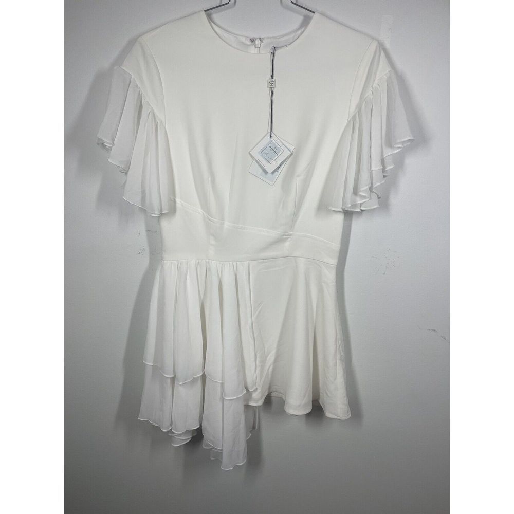 By Egreis Women's White Mini Dress Sheer Flutter Sleeves Asymmetrical Hem Size S
